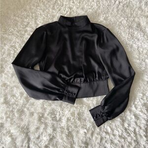 Marciano Black Satin Mock Neck Long Sleeve Blouse